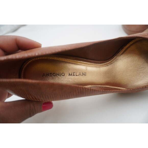 Antonio Melani Brown Embossed Leather Peep Toe Gold Chain Accent Dress Pumps 10M - Picture 6 of 11